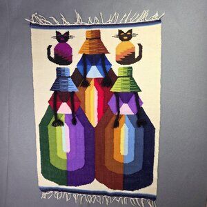 Handwoven Wall Hanging Tapestry Colorful Cats Wool Kilim Geometric Art 21 x 30